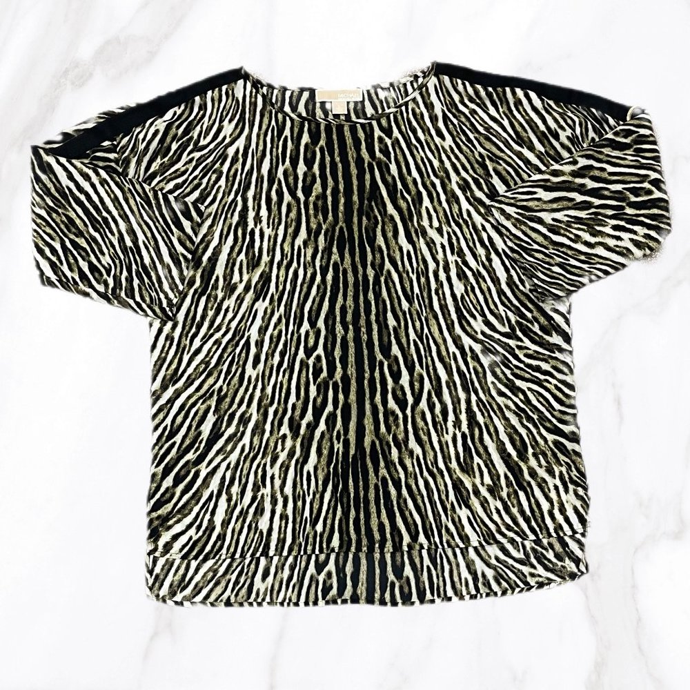 Michael Kors Women's Green & Black‎ Leopard Print Gathered Sleeve Blouse, Size L